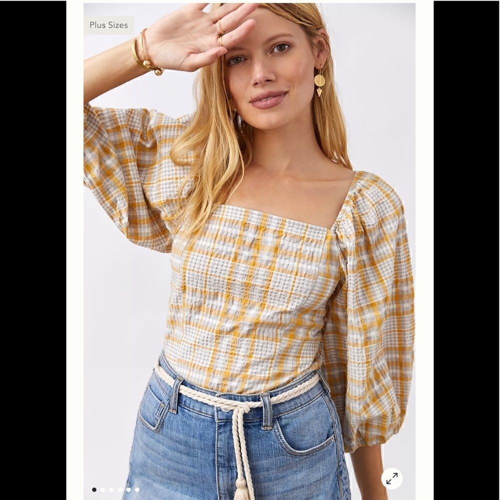 Anthropologie Maeve Plaid Square-Neck Blouse